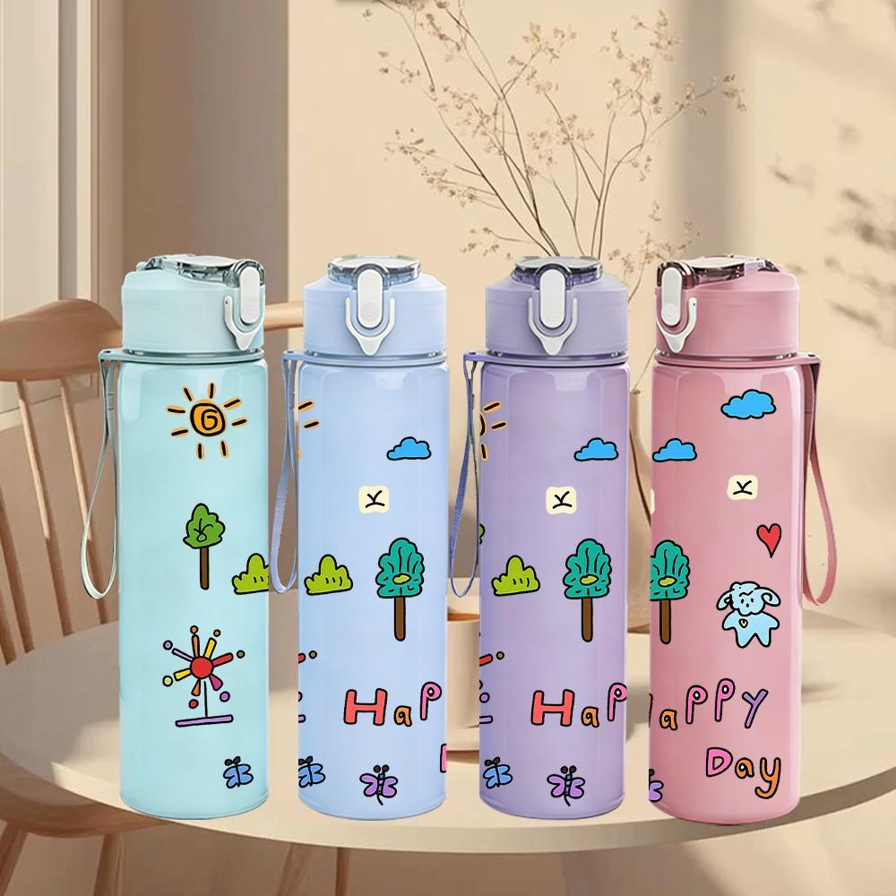 1PC Happy Day Slogan 750ml Color Plastic Sports Water Bottle Leakproof Flip Straw Lid Suitable for Sports Office Home Use