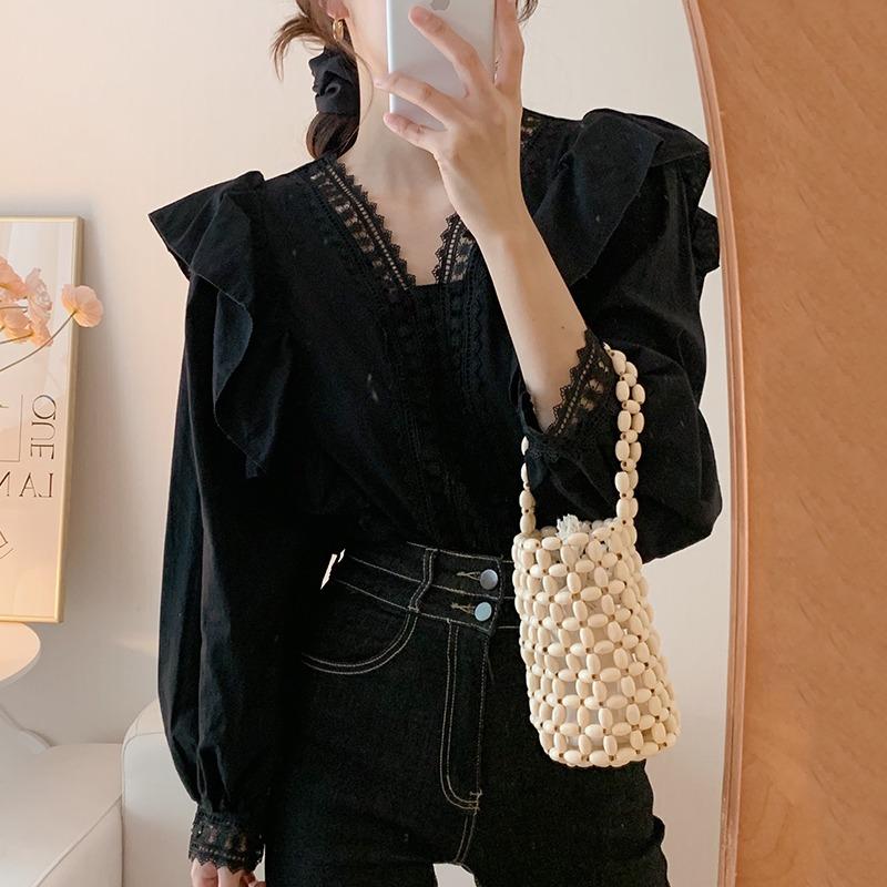 Korean Fashion Lace V-neck Splicing Ruffle Shirt Women Elegant Loose Casual Puff Long Sleeve Blouse New Casual Female Simple Tops Ladies Clothes 2772