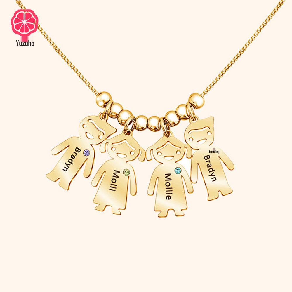 Engraved Stainless Steel Doll Necklace with Rhinestones – Personalized Family Names for Boys & Girls, Perfect Christmas Gift