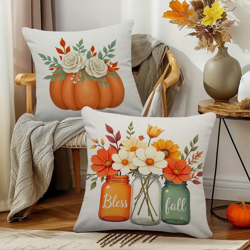 Thanksgiving Pillowcase Harvest Season Pumpkin Maple Leaf Print Linen Cushion Bedroom Sofa Car Cushion Cover