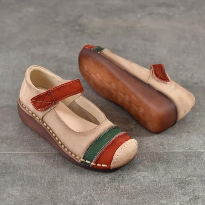 Johnature Retro Round Toe Genuine Leather Women's Shoes Cowhide Soft Sole Mixed Colors Wedge Heel Shoes