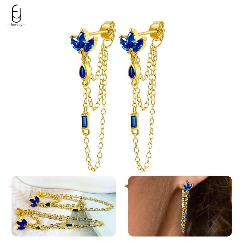 925 Silver Ear Buckles Fashion Hoop Earrings Dark Blue Crystal Pendant Gold Earrings High Women's Jewelry Luxury Gifts