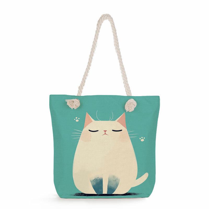 Multifunctional Cartoon Cat Printed Thick Rope Shoulder Beach Bag Casual Large Capacity Handbag 0116 CLE