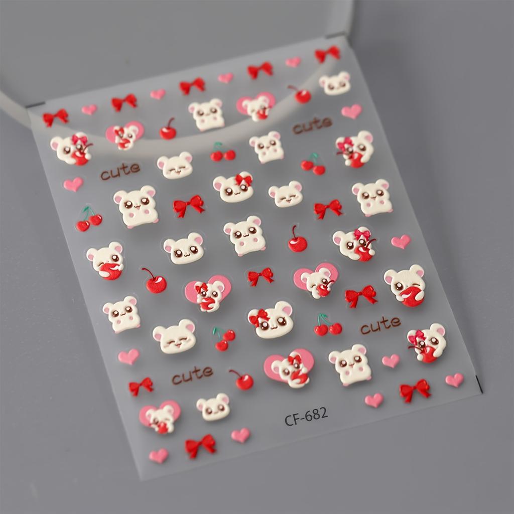 1 Blatt 3D Geprägte Nail Art Sticker Kreativ Niedlich Kirsche Herz Schleife Cartoon Geprägte Nagelaufkleber, Selbstklebende Wasserdichte DIY Dekorationssticker
