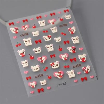 1 Sheet 3D Embossed Nail Art Stickers Creative Cute Cherry Heart Bow Cartoon Embossed Nail Decals, Self-Adhesive Waterproof DIY Decoration Stickers