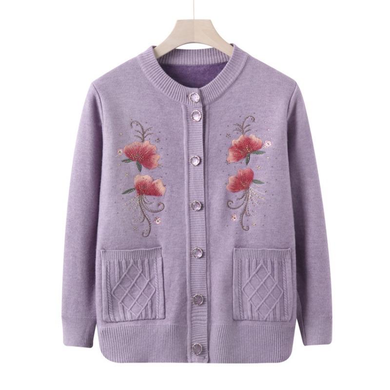 Granny Fleece Sweater Middle Old Man Autumn and Winter Thickened Coat Female Mother Cardigan Knitted Sweater Warm Top