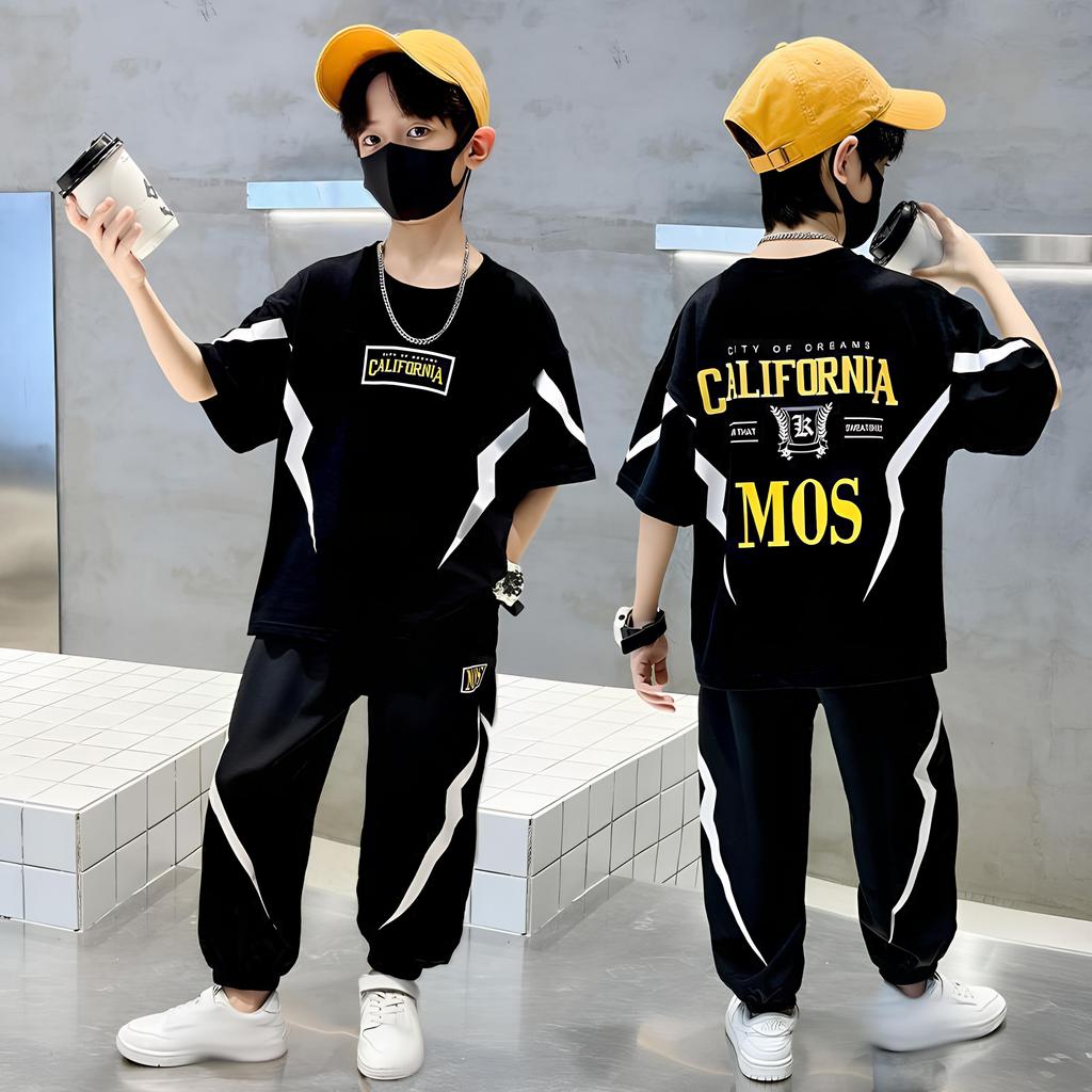 Summer Boys' Fashionable Casual Printed Short Sleeve T-Shirt Pants Suit Sports Fashionable Boy Spring and Summer Suit