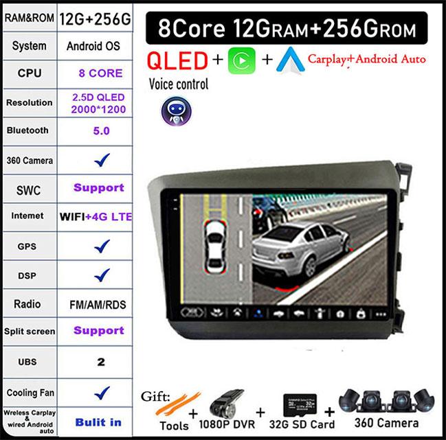 For HONDA INSIGHT 2 2009 2010 2011 2012 2013 2014 Android 14 Car Auto Radio Navi GPS Multimedia Player 4G+WIFI  Carplay Stereo