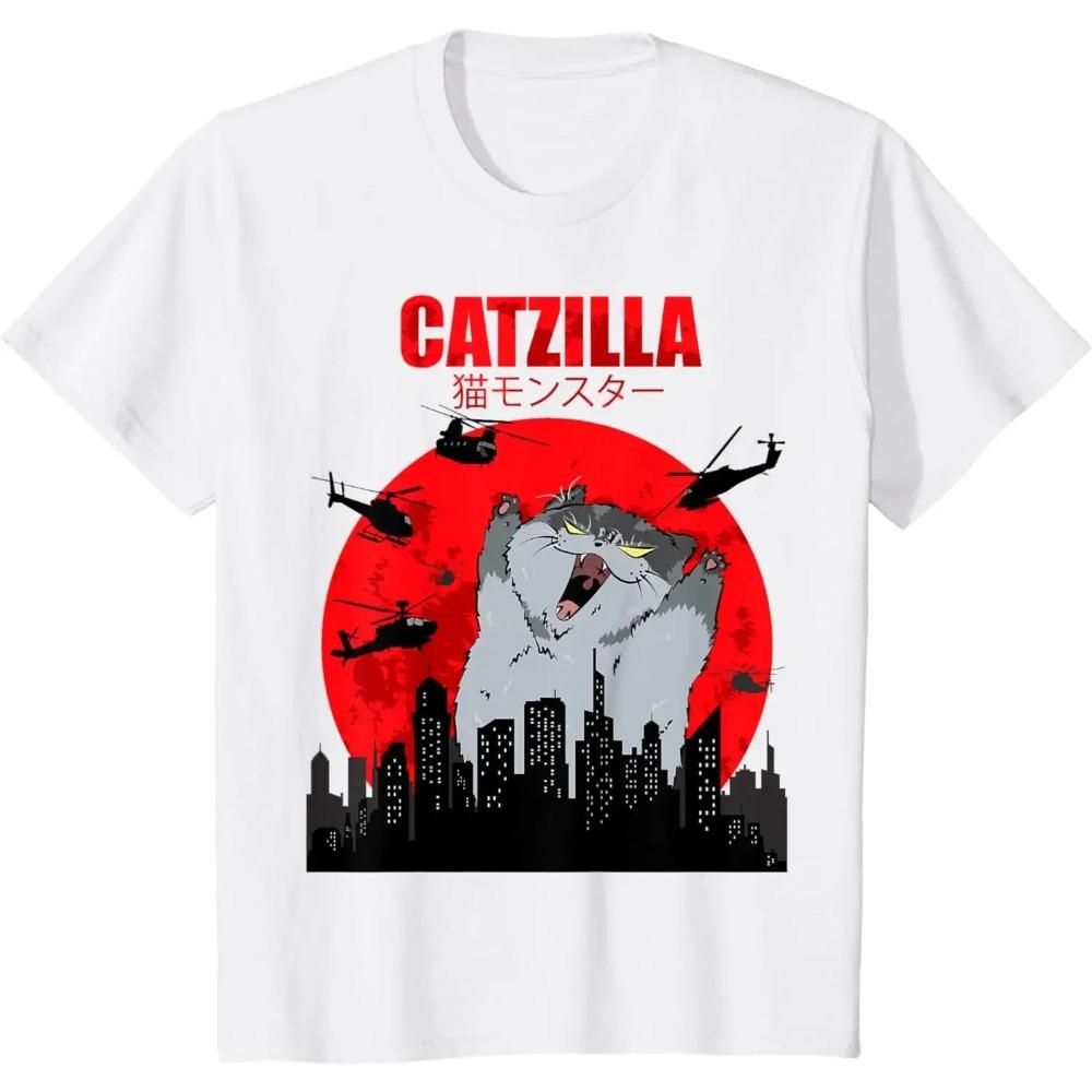 Funny Cute Art Japanese Cat Graphic for Cat Lover Catzilla Tshirts O-neck Women Clothing Streetwear Short Sleeve T Shirt Clothes Catzilla Tshirt 4XL