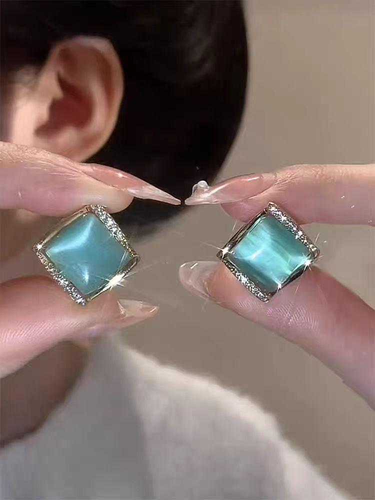 

S Silver Needle Temperament Earrings Trendy Gentle Earrings Simple Square Opal Rhombus Earrings 925 sterling silver post