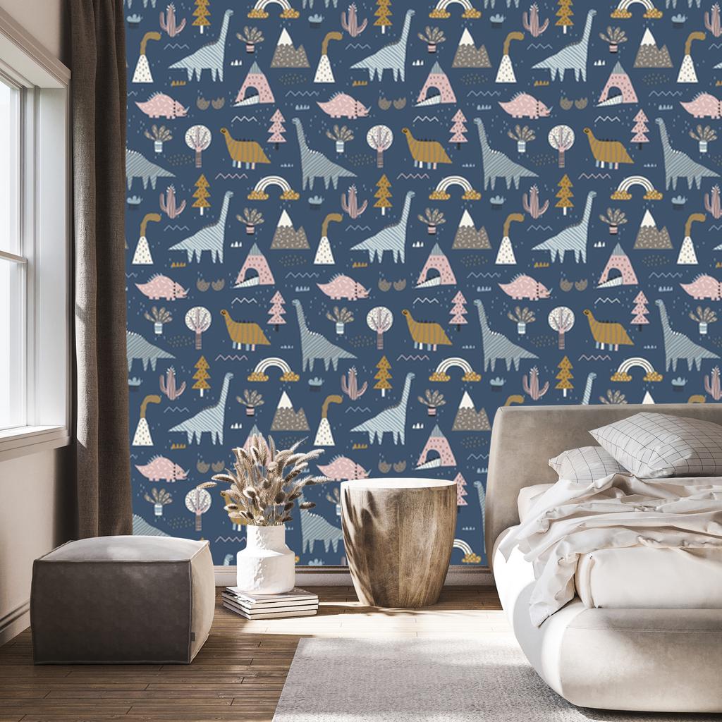 Wallpaper Colorful dinosaurs rainbows clouds for living room and bedroom 50x1000
