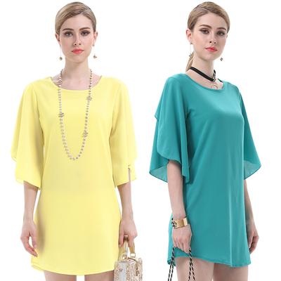Women Elegant Solid Ruffle Chiffon T-shirt Loose Short Sleeve Summer Long Top