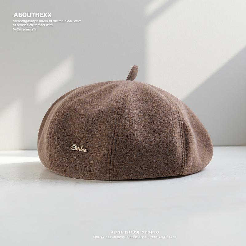 New Autumn and Winter Woolen Metal Beret Women's Korean Retro Literary Sweet Face Small Octagonal Hat Trendy