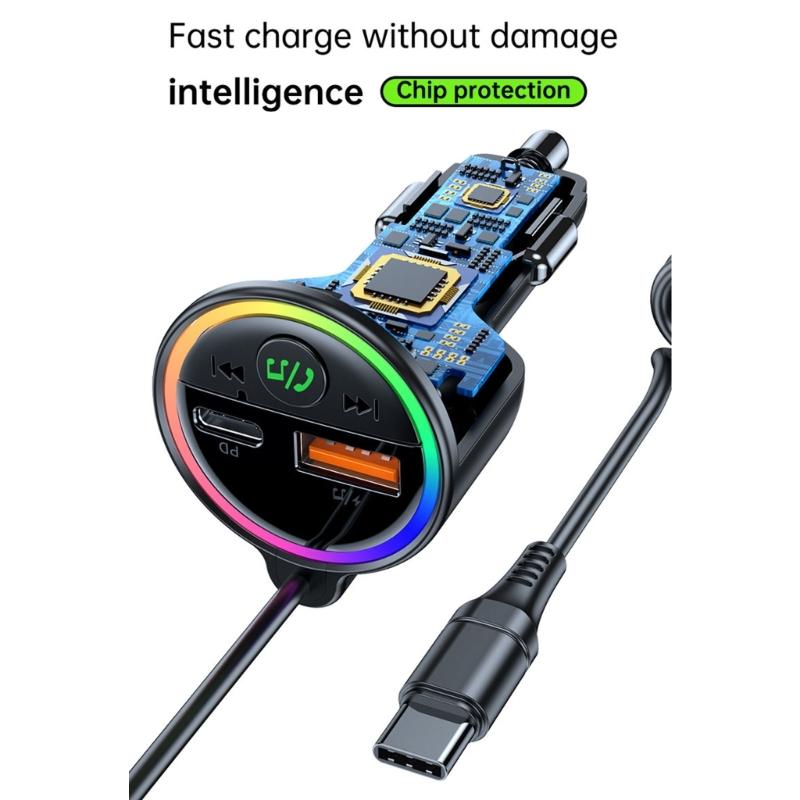 77W Bluetooth-compatible 5.4 FM Transmitter Car Adapter 65W+12W Fast Charging Car Adapter Call Sound LED Display