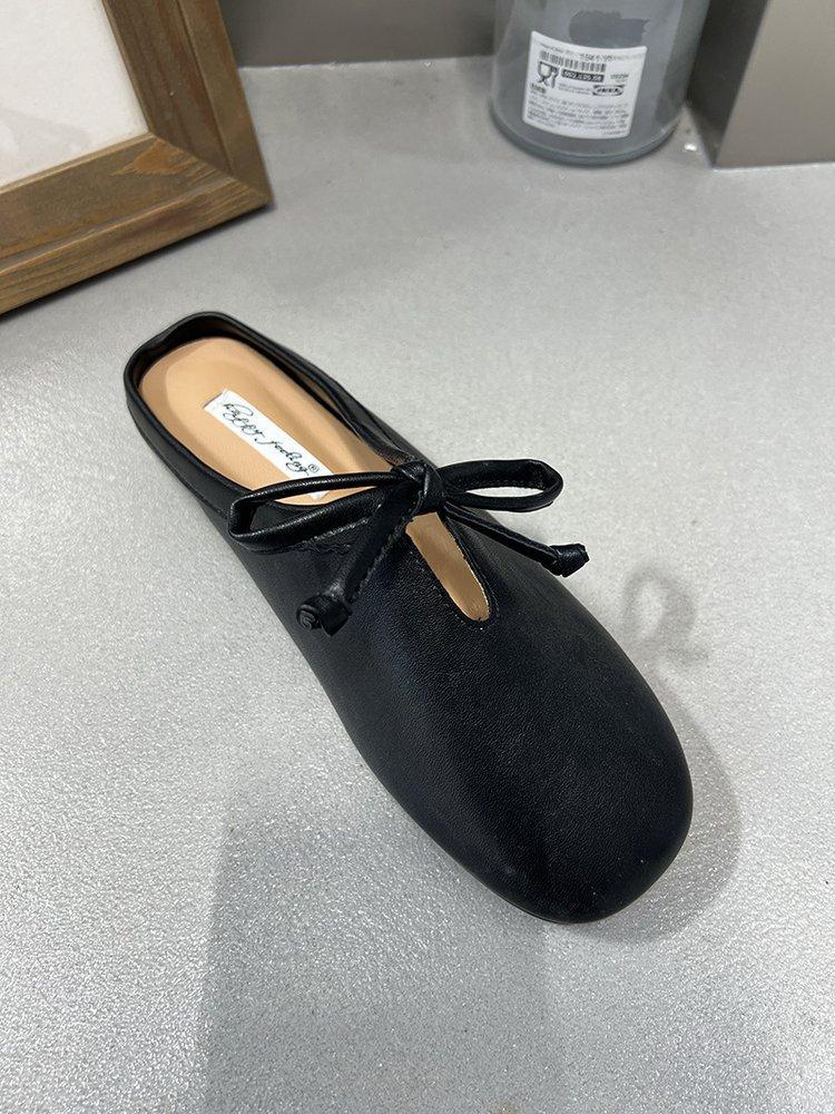 Thick heel half slippers retro evening breeze bow single shoes spring and summer design French women's shoes black loafers