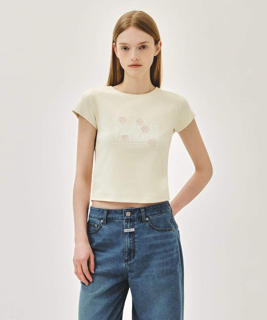 Malittepeulangsowajeobeo W Flower Classic Logo Cap Sleeve Slim Crop Tee Cream