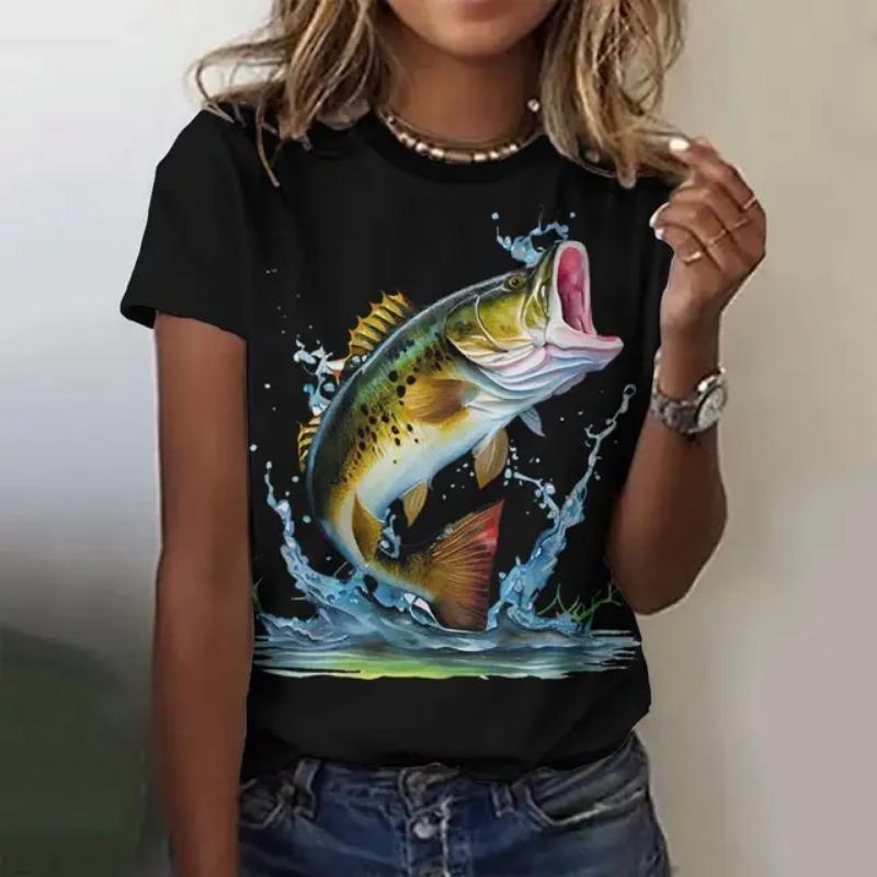 Women's Summer Fashion Casual Loose Plus Size Pattern Fish Print Round Neck Short Sleeved 3D T-shirt Top 6XL