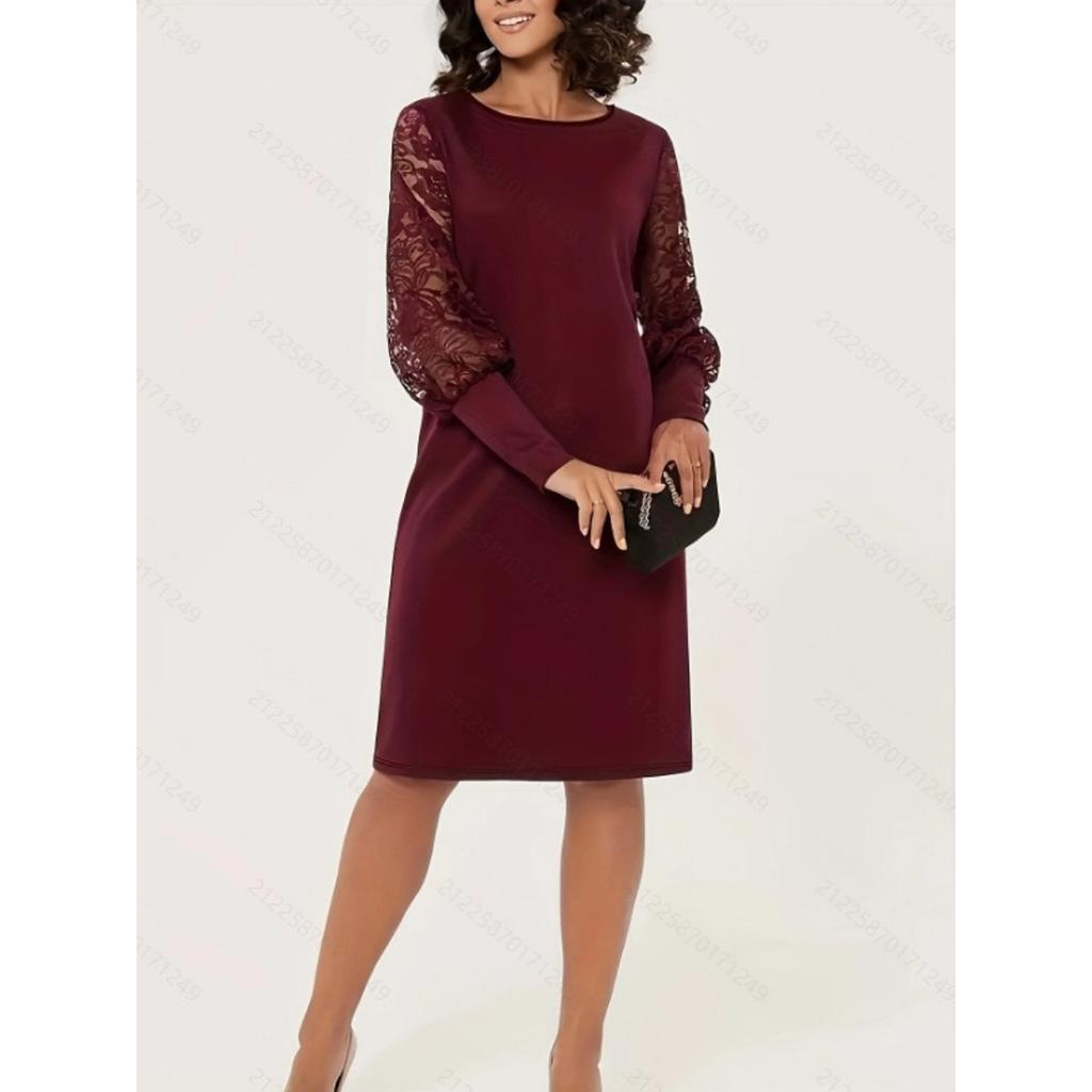 Women's Fall Dress European American Style Round Neck Long Sleeve Hollow Lace Splicing Slim Waist Elegant Party Dress