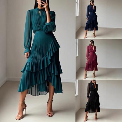 Damen Asymmetrisches Saum Rüschenkleid, Mehrlagiges Stufen-Midi-Kleid mit Ausschnitt