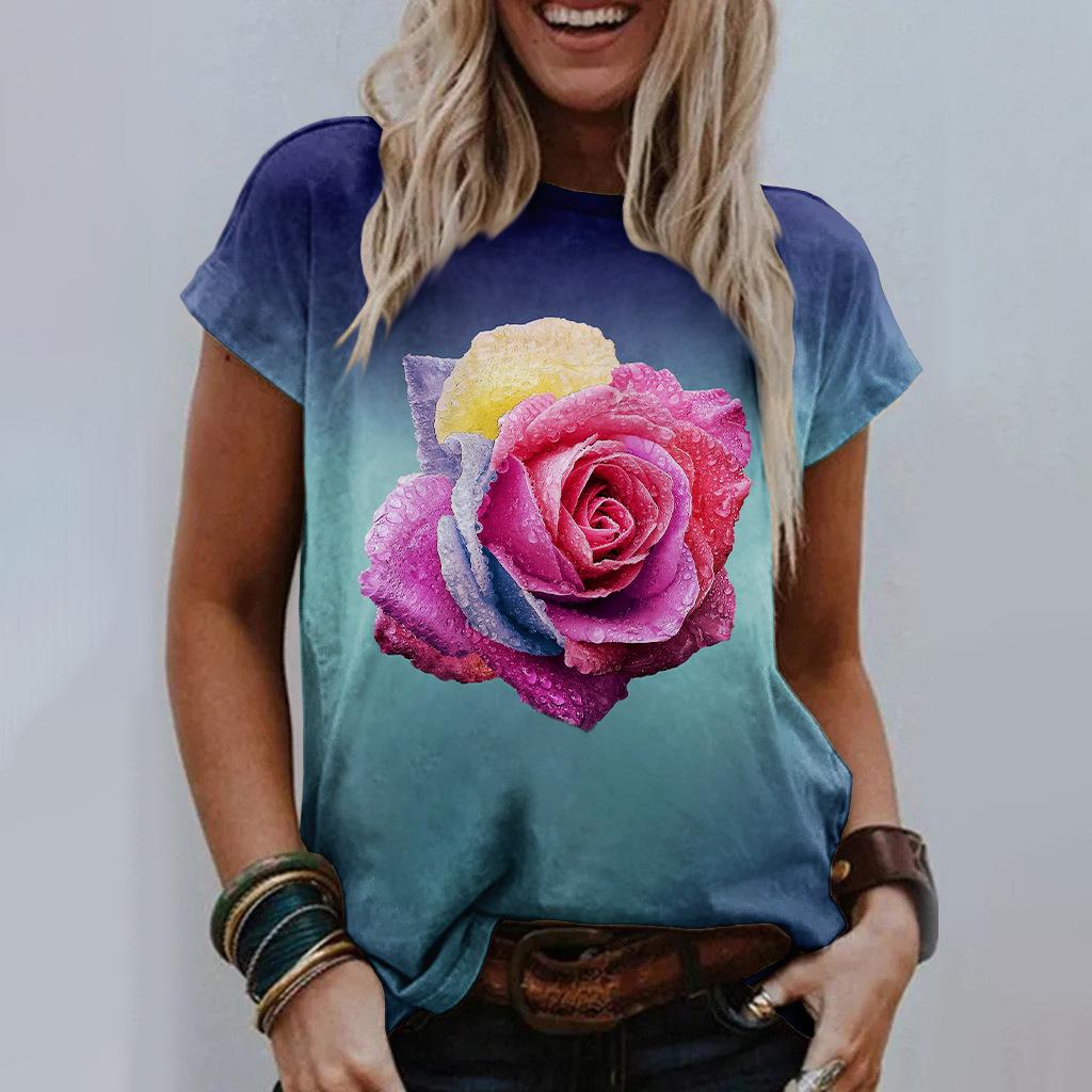 Flowers 3D Printed T-shirt Abstract Painting Round Neck Women's Short Sleeved T-shirts Top
