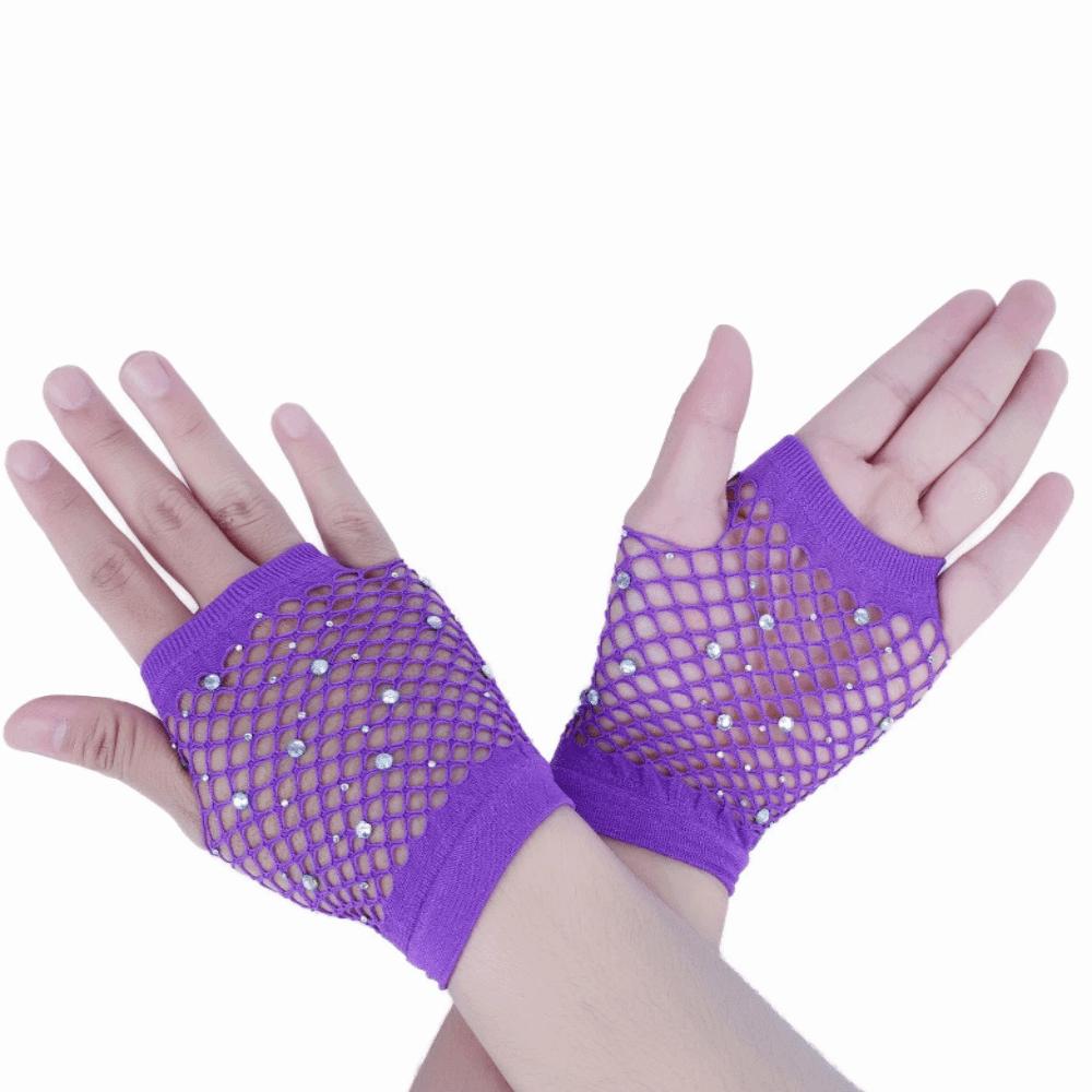 

Shiny Fishnet Fingerless Gloves Black White Long Gloves Short Rhinestone Gloves Women s Fashion Short Purple