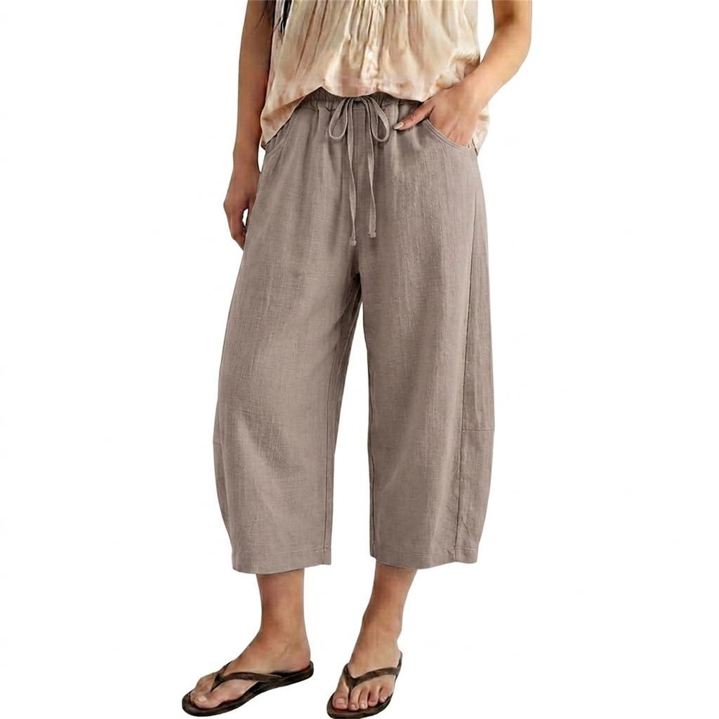 Women's Short Linen Flared Pants With Drawstring, Wide-Leg Cotton Cropped Pants