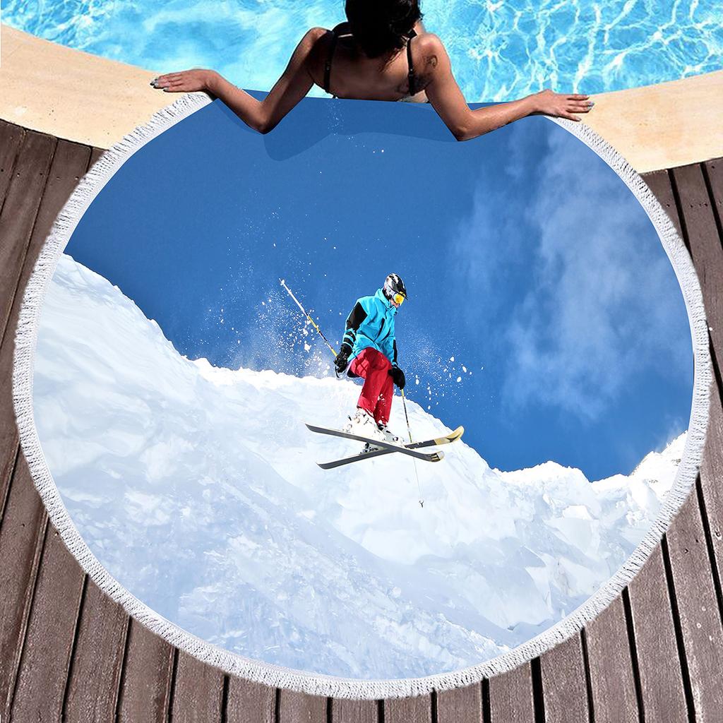 Ski Round Beach Towel, Extreme Sports Theme Beach Blanket Comfortable Absorbent Quick Dry Snow Mountain Print Towel Picnic Mat