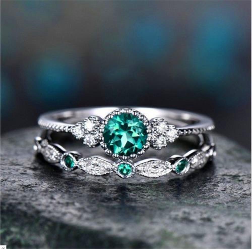 

2 шт./набір розкішних каблучок із кришталем із зеленого синього каменю для жінок, сріблястих весільних обручок, ювелірних виробів 10 зелений