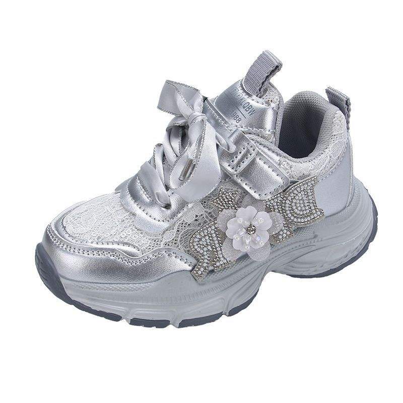 Girls shoes 2025 spring and autumn new children's breathable girls princess sports shoes casual belt diamond dad shoes