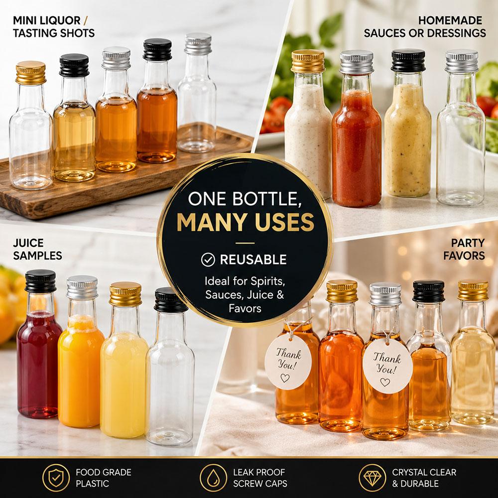 10PCS Mini Liquor Bottles 50ml Plastic Spirit Bottles Silver/ Gold/ Black Caps Alcohol Shot Bottles