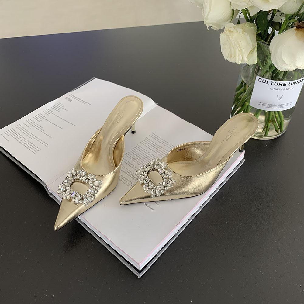 

Модные летние туфли на высоком каблуке с золотыми, белыми, черными, серебряными каблуками и пряжкой из стразов, сексуальные туфли-лодочки для женщин, размер 35-39 5.5 золотой