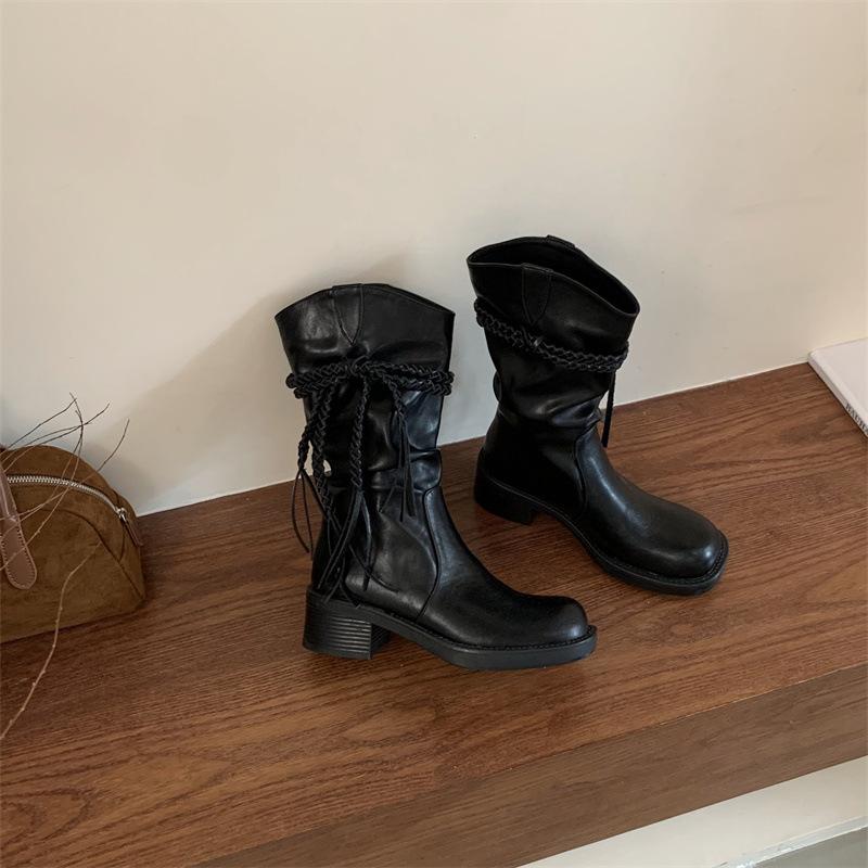 Mi Ting Retro Woven Fringed Boots Thick Heel Thin Medium Boots Egyptian Boots 2025 Autumn and Winter New Thin Stacking Boots