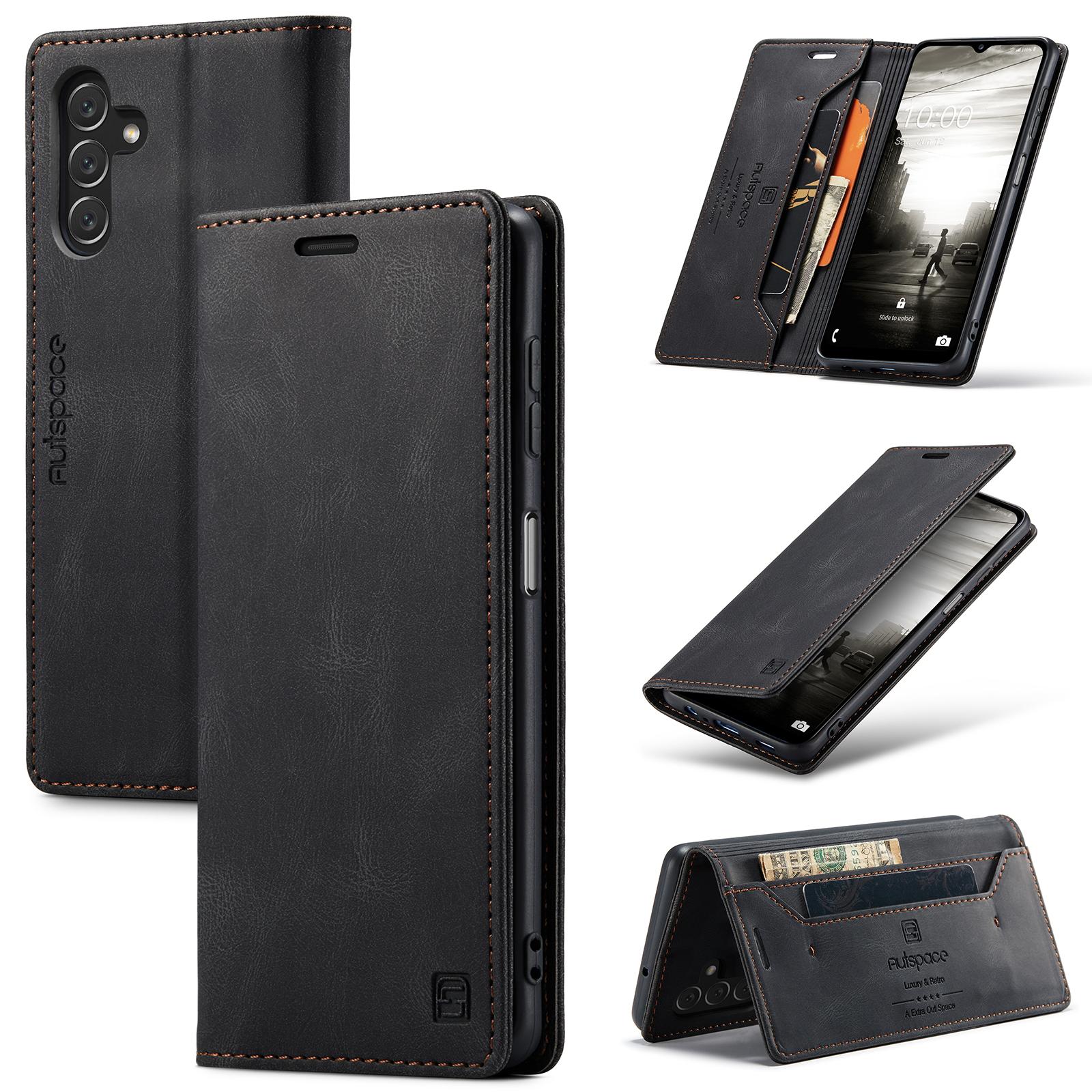 

AUTSPACE A01 Series Flip Leather Case for Samsung Galaxy A14 5G/A14 4G RFID Blocking Phone Case Stand Retro Wallet Phone Cover Black