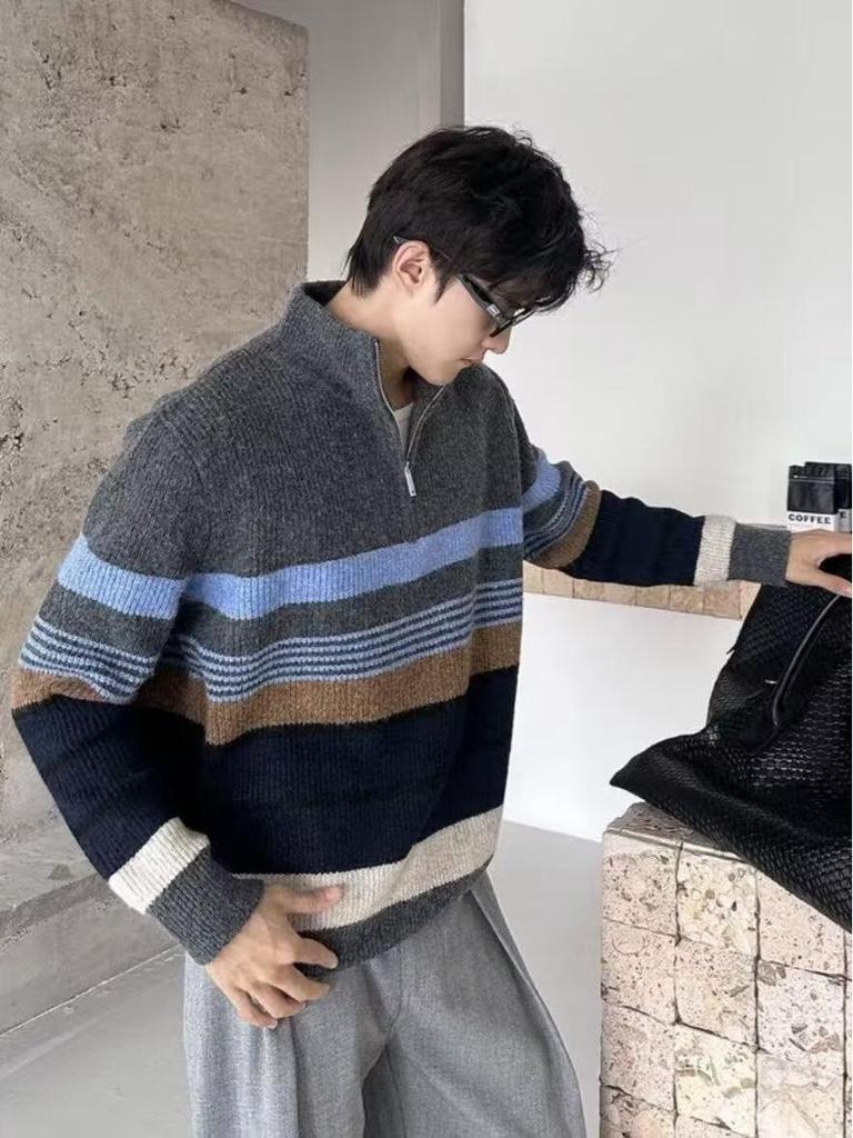 Men's Trendy Loose Half-Zip Knit Pullover for Fall and Winter