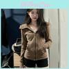 Felpa con cappuccio da donna autunnale in cotone elasticizzato con tasche e zip per abbigliamento casual