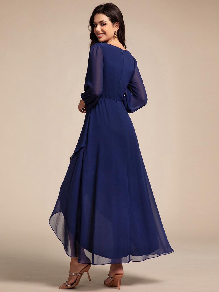 Ever-Pretty Women's Waist Applique Lantern Sleeve Chiffon Evening Dresses with Asymmetrical Hem