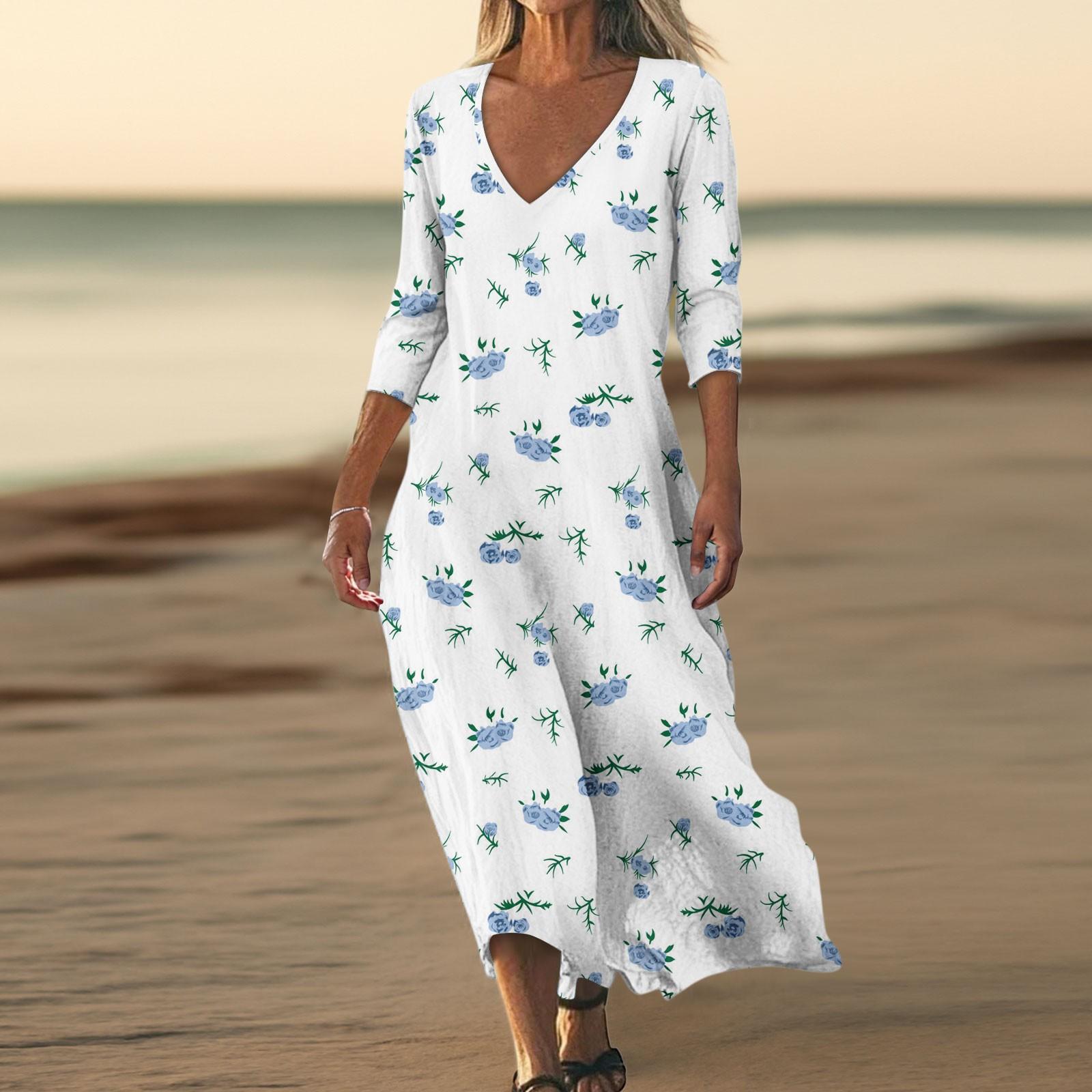 

Платья для женщин Винтажный принт Туника с завышенной талией Миди-платье Летнее повседневное Платье с рукавом 3/4 XXL