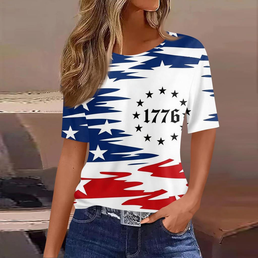 Women's Fashionable Casual Short Sleeve Print Round Neck Pullover Top