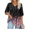 Women's Fashion Large Size Print V-Neck Three-quarter Sleeve Top