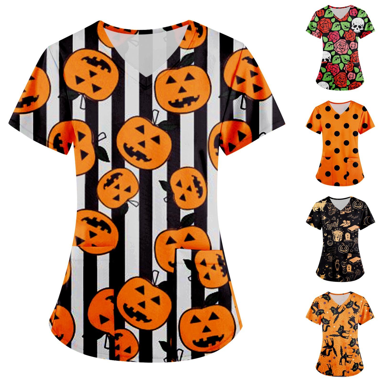

Женская мода на Хэллоуин с принтом с коротким рукавом и v-образным вырезом, рабочая форма, карманная блузка