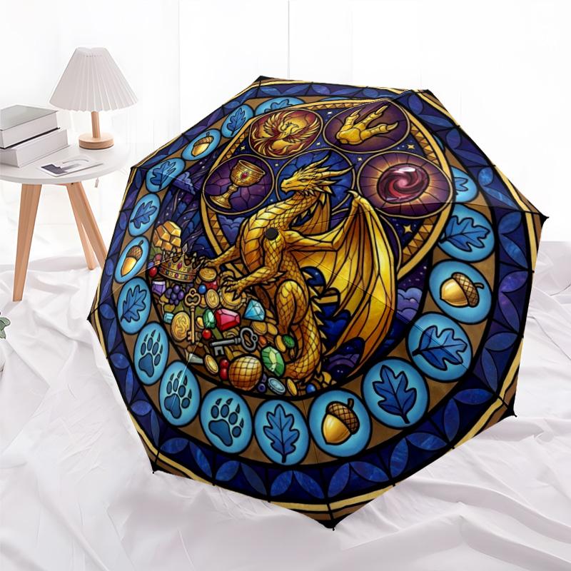 Golden Dragons Treasure pattern umbrella, portable and foldable design, 8 ribs, a casual accessory for Halloween, Christmas, and birthday gifts.