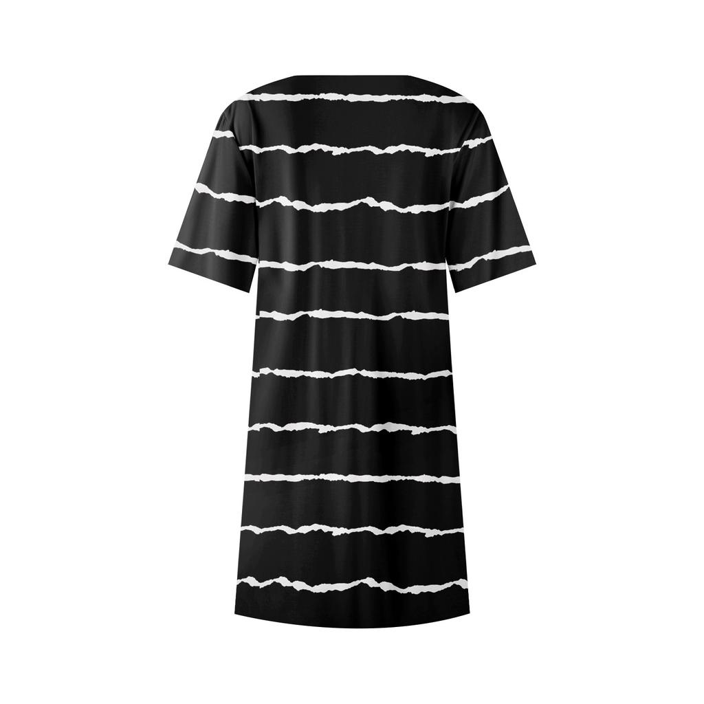Women's Summer Casual Round Neck Pleated With Pockets Printed Short Sleeve Dresses