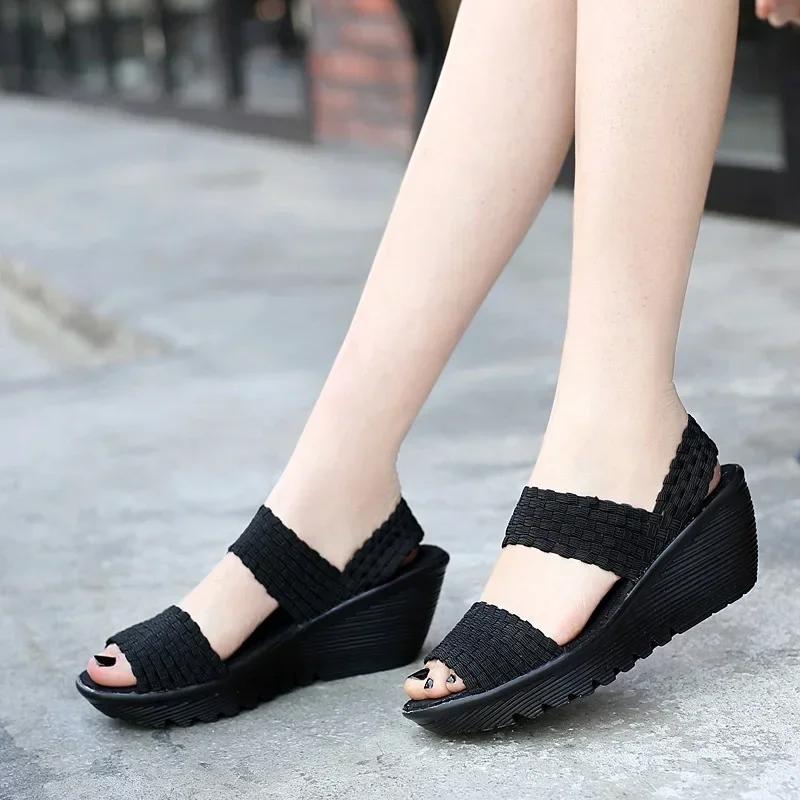 Keilabsatz-Plateau-Websandalen Mode Peep Toe Bequem Atmungsaktiv Mama-Schuhe Damen Casual Dicke Sohle Sandalias Mujer 2024