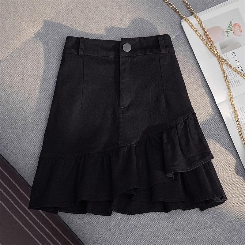Women High Waist Asymmetric Ruffle Hem Denim Mini Skirt XS чёрный