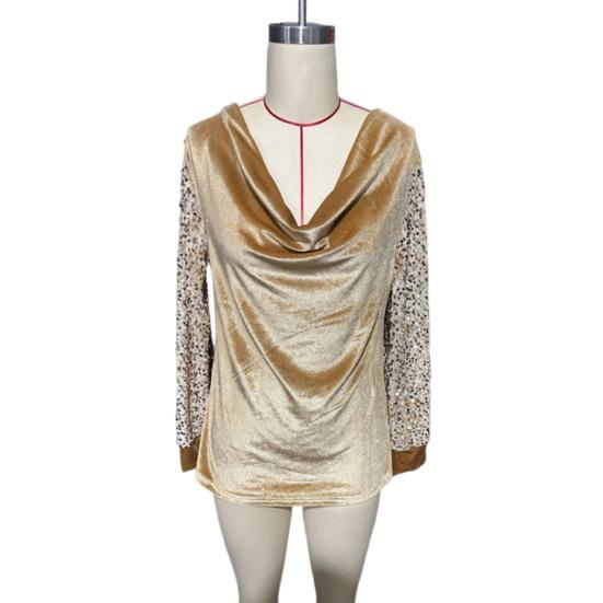Women Tops Piled Collar Sequined Long Sleeves Velvet Texture Blouse Solid Color
