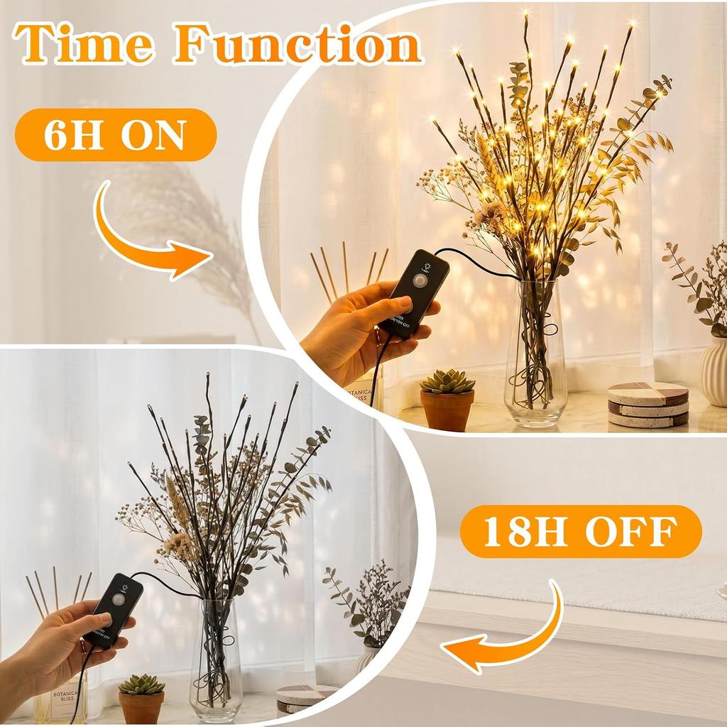 PEIDUO Lighted Brown Branches with Timer, 30Inch 3PK 60 LED Pathway Lights, Willow Branch Lights for Home Decorations Indoor Apartment Outdoor Stake