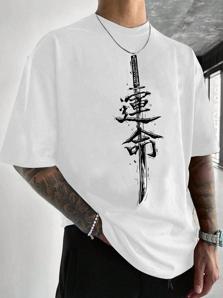 Unisex Crew Neck Japanese Katana Kanji Print Short Sleeve Cotton Tee Casual Summer Streetwear Loose Basic Daily Outdoor Wear Top
