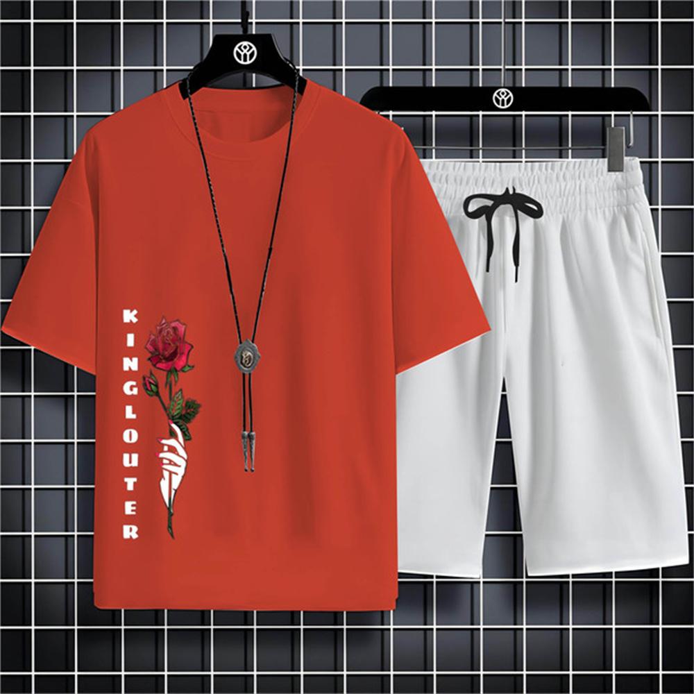 

Літній чоловічий комплект з короткими рукавами та шортами 2024 року, візерунок із принтом троянд, проста мода, повсякденна атмосфера, вільний вуличний стиль XL