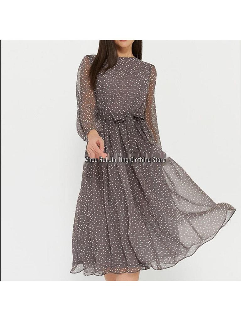 Spring/Summer 2023 Chiffon Polka Dot Long Sleeve Formal Dress (Coffee/Black)