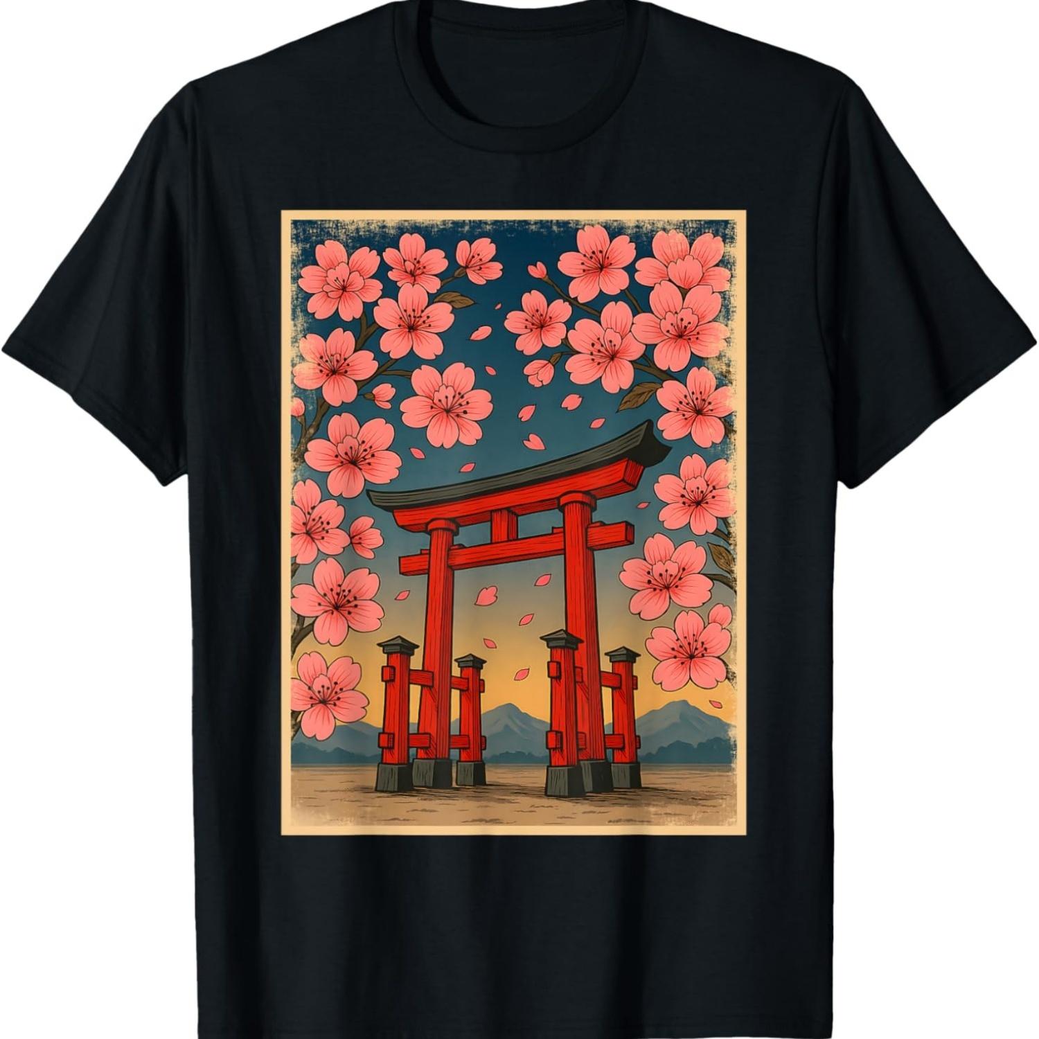 Torii Gate Sunset Sakura Cherry Blossom  T-Shirt S чёрный